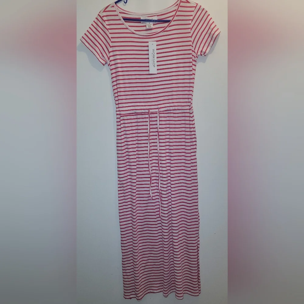 SMALL hot pink & white stripe 100% organic cotton dress, NEW with tags attached